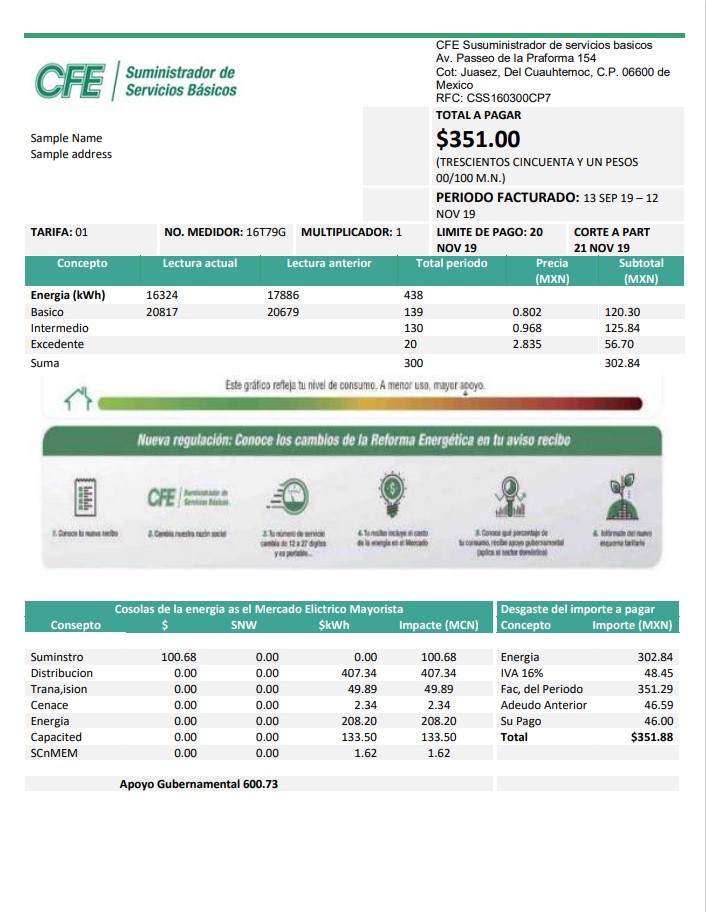 Mexico Electricity CFE utility bill template in Word and PDF format, fully editable